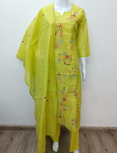 Green emb mul cotton Ready suit set