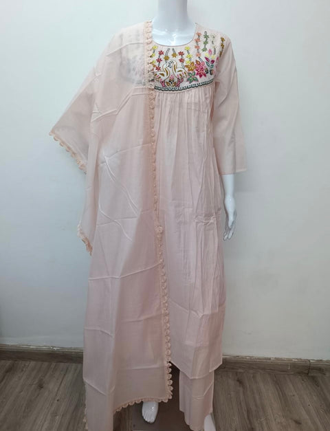 Peach emb mul cotton Ready suit set