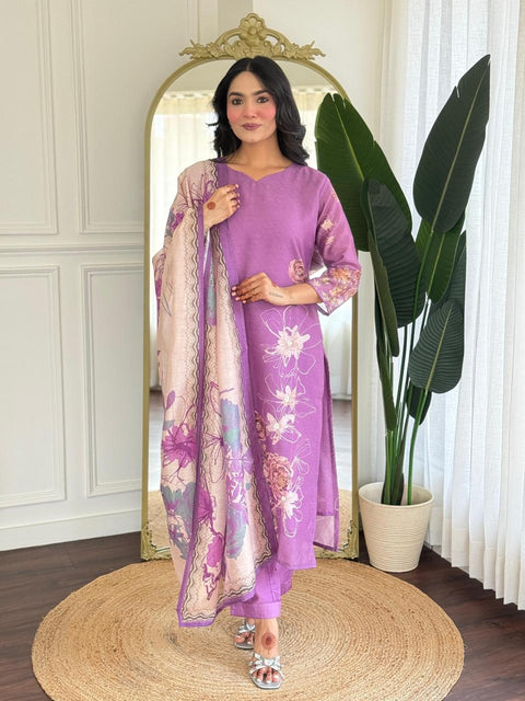 Purple silk cotton Ready suit set
