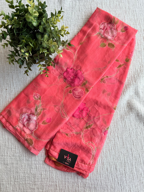 Cut dhaana work Floral printed chiffon saree