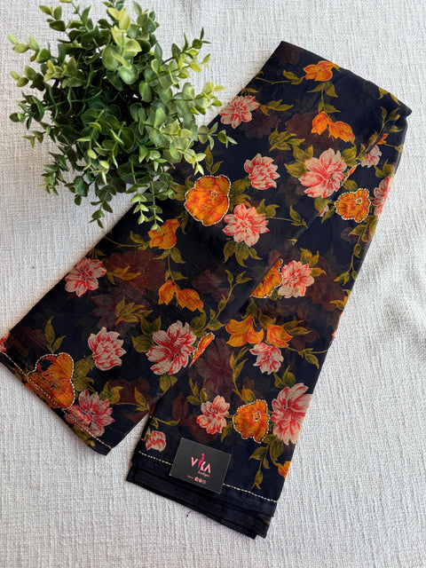 Cut dhaana work Floral printed chiffon saree