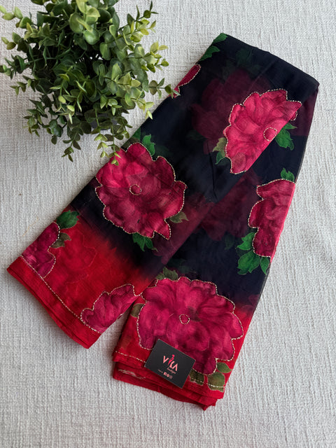 Cut dhaana work Floral printed chiffon saree