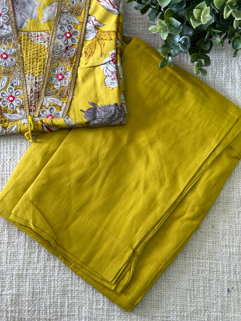 Yellow printed cotton kurti pant set