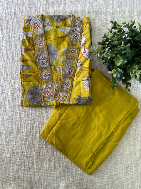 Yellow printed cotton kurti pant set