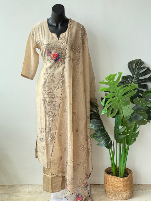 Beige thread emb silk cotton Ready suit set