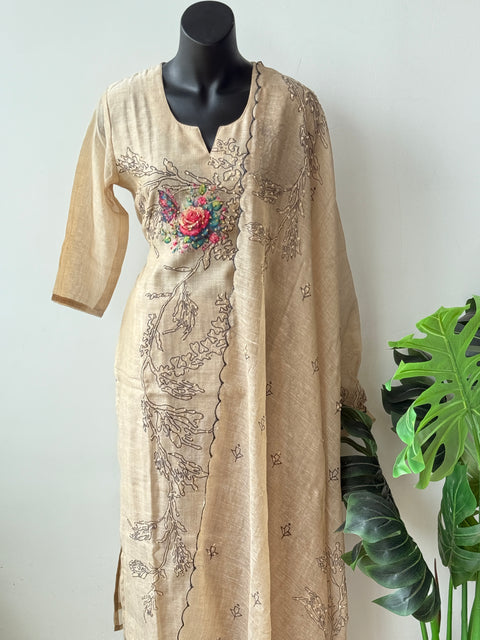 Beige thread emb silk cotton Ready suit set