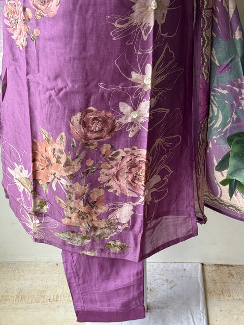 Purple silk cotton Ready suit set