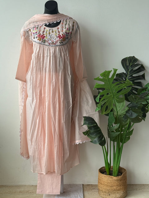 Peach emb mul cotton Ready suit set