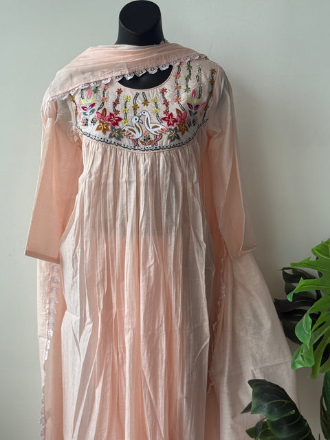 Peach emb mul cotton Ready suit set