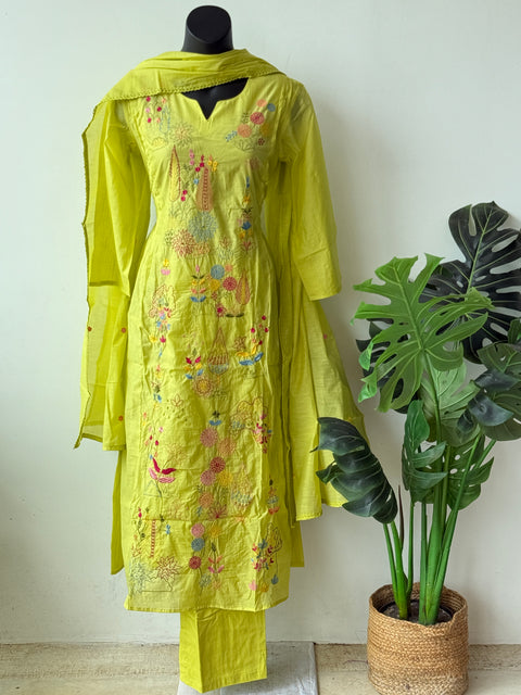 Green emb mul cotton Ready suit set