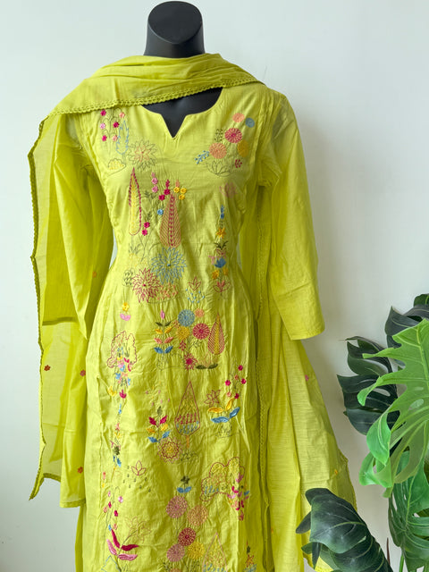 Green emb mul cotton Ready suit set