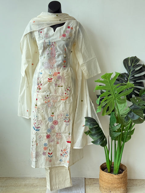 White emb mul cotton Ready suit set