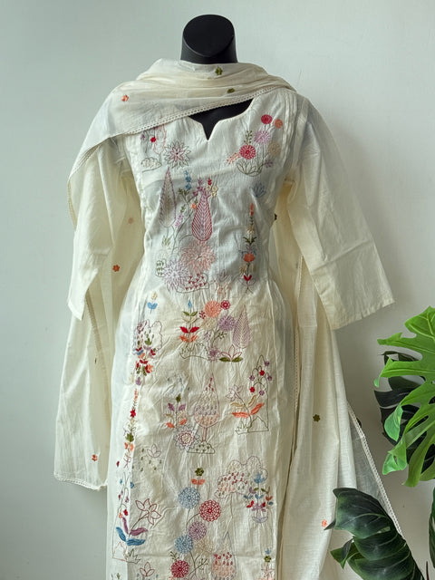 White emb mul cotton Ready suit set