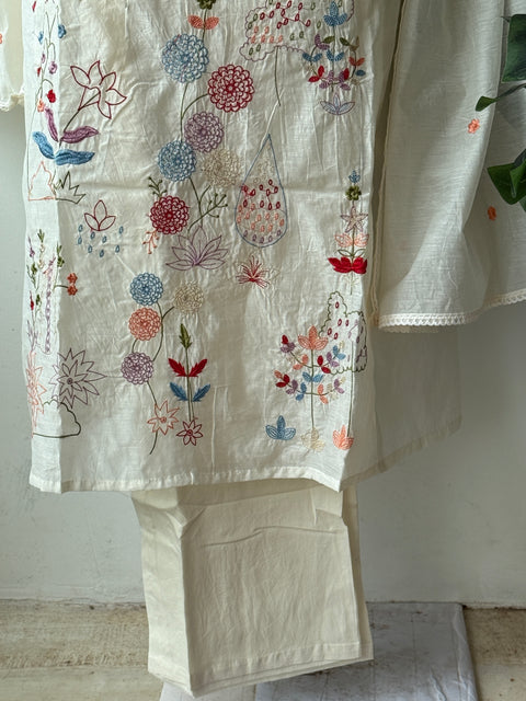 White emb mul cotton Ready suit set