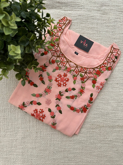 Hand Emb Peach Rayon kurti