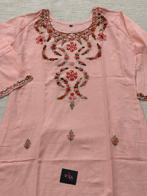 Hand Emb Peach Rayon kurti