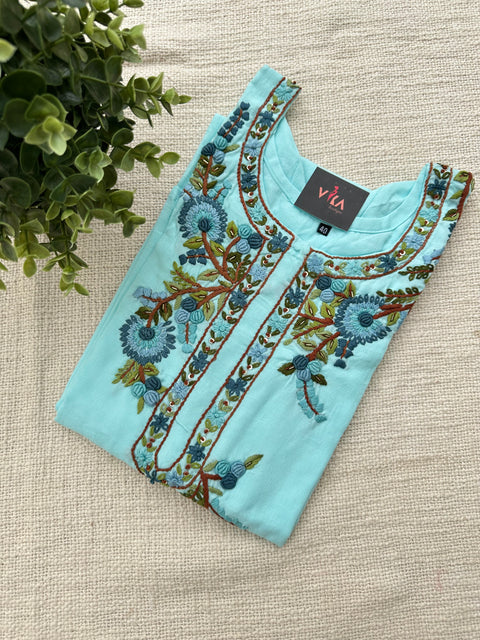 Hand Emb Light blue Rayon kurti