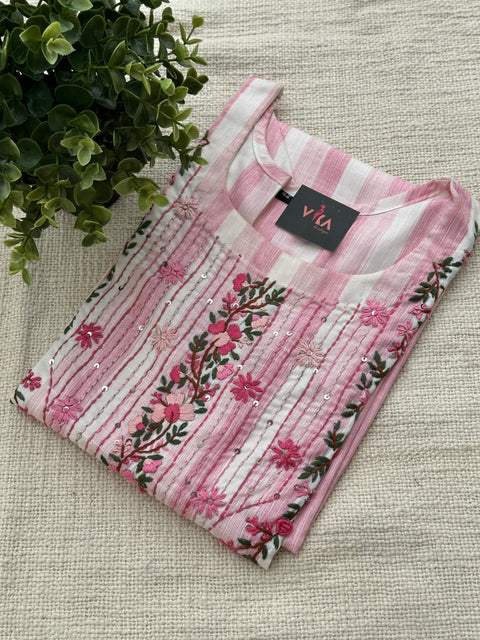 Hand Emb Light pink stripes cotton kurti