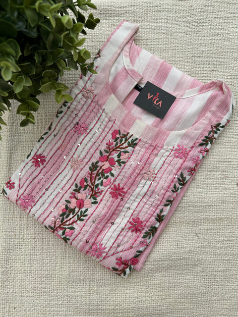 Hand Emb Light pink stripes cotton kurti