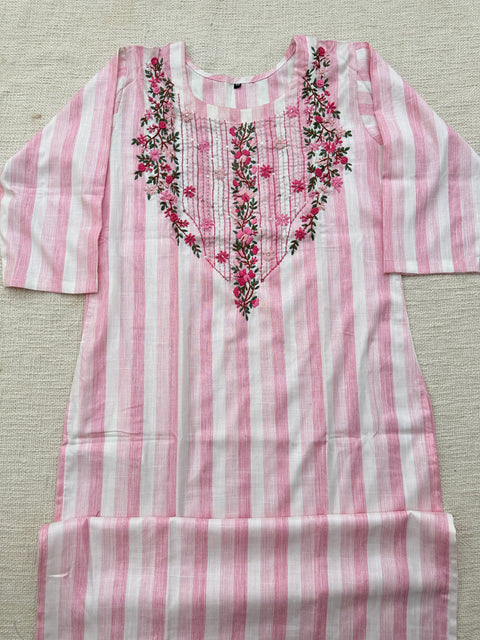 Hand Emb Light pink stripes cotton kurti