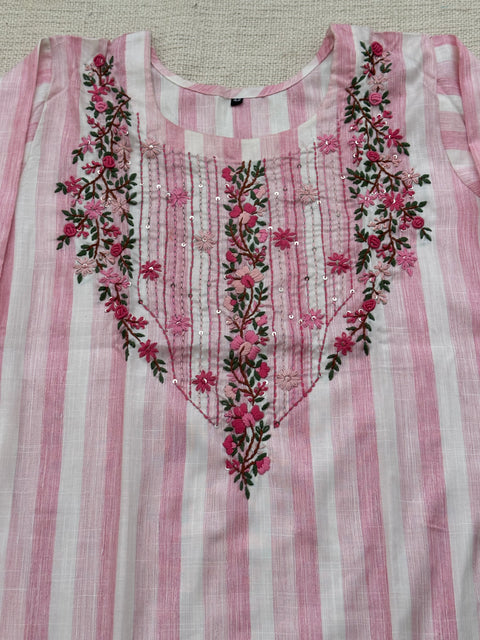 Hand Emb Light pink stripes cotton kurti