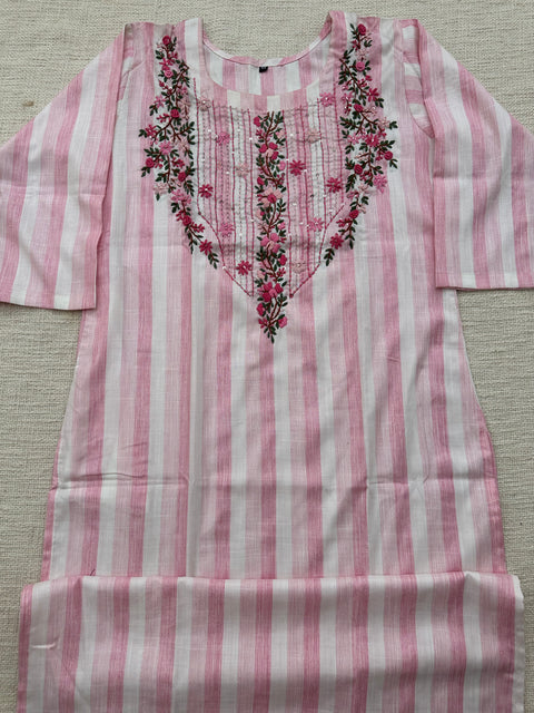 Hand Emb Light pink stripes cotton kurti