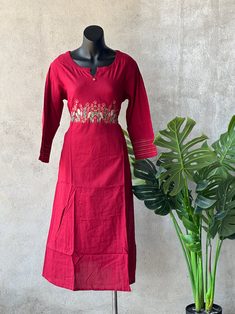 Emb Maroon A-Line cotton kurti