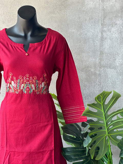 Emb Maroon A-Line cotton kurti