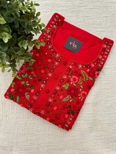 Hand emb red cotton kurti