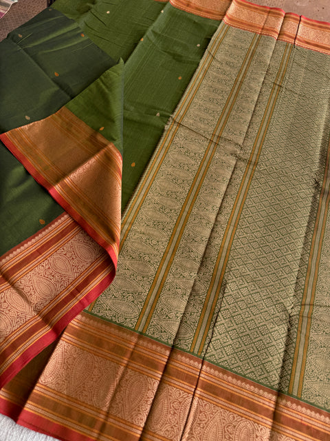 Mahendi green with brown Chettinad Cotton saree