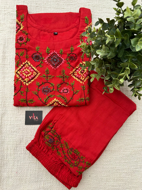 Red cotton emb kurti with pant