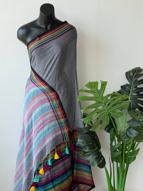 Multi border mul cotton saree - Grey