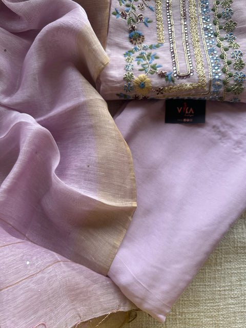 Lavender Hand embroidery silk linen salwar set