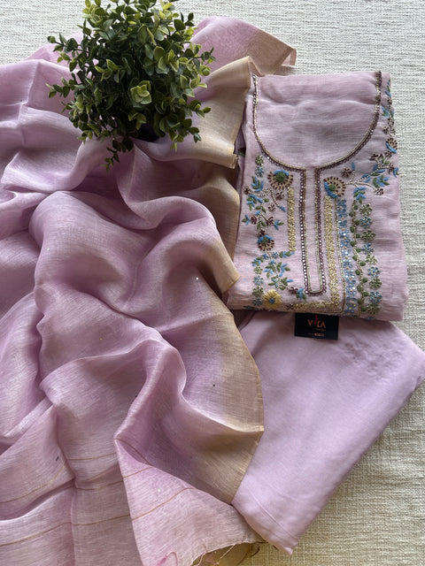 Lavender Hand embroidery silk linen salwar set