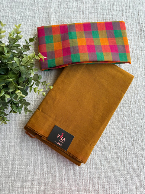 Plain Handloom Cotton saree with checked blouse