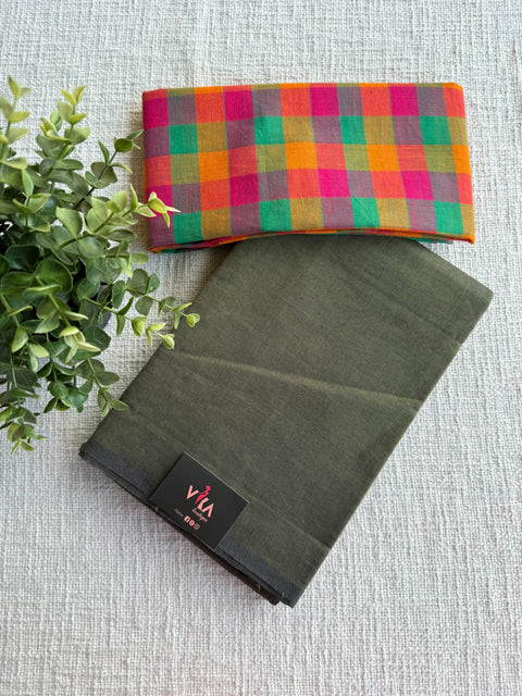 Plain Handloom Cotton saree with checked blouse