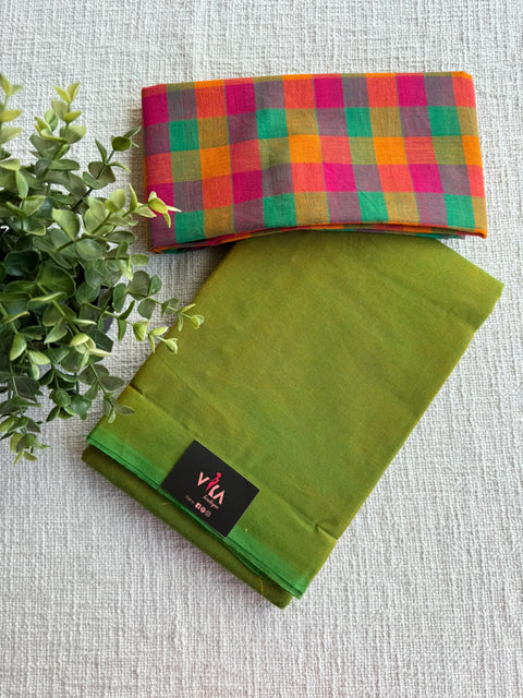 Plain Handloom Cotton saree with checked blouse
