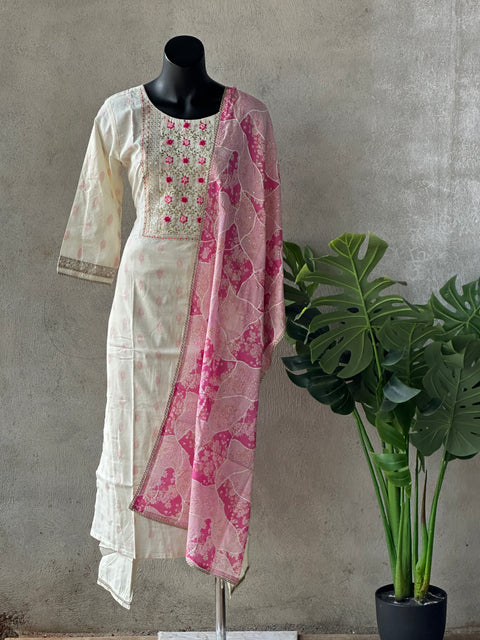 Cream neck Emb cotton kurta pant set