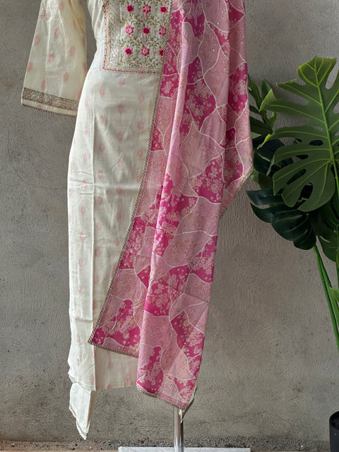 Cream neck Emb cotton kurta pant set