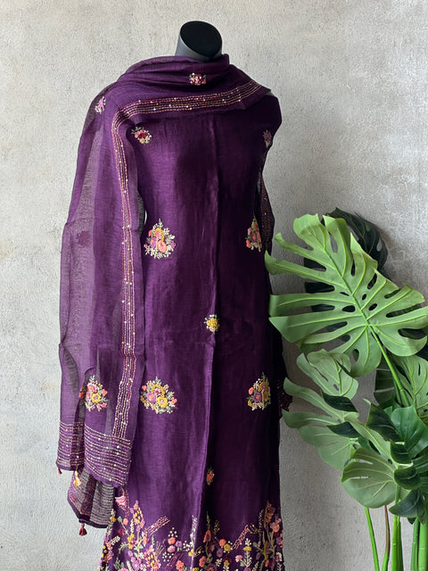 Purple French knot silk linen salwar material