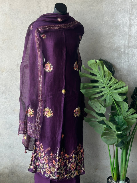 Purple French knot silk linen salwar material
