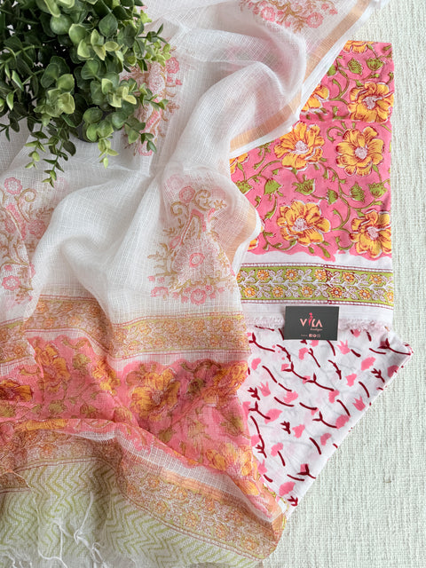 Printed cotton suit with kota dupatta