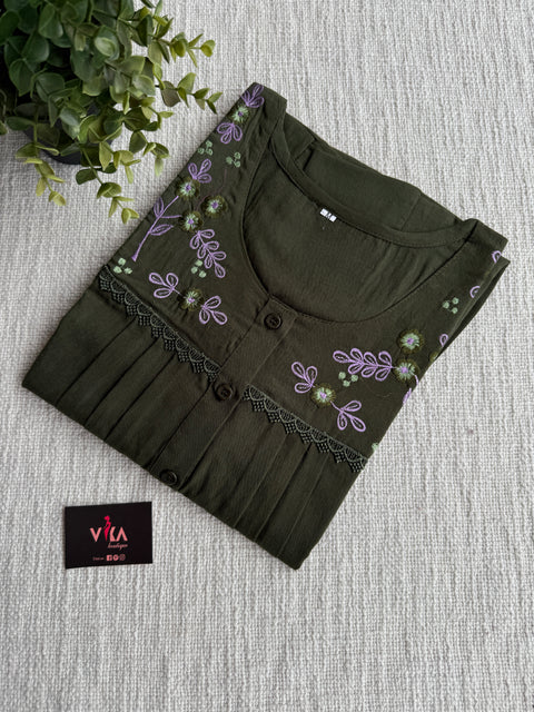 Neck emb Crush cotton nighty-Olive