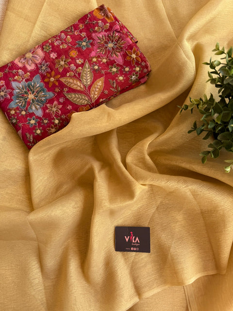 Golden crush tissue saree with seq work blouse