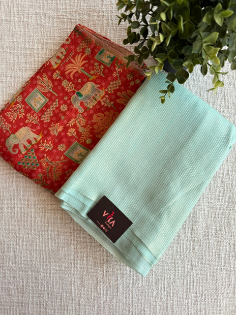 Mint green with red banaras blouse pc