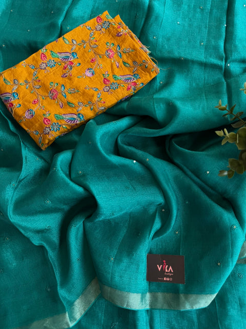 Emb blouse with sequins work jute saree