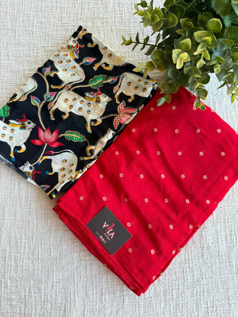 Pichwai blouse with satin crepe saree- Red
