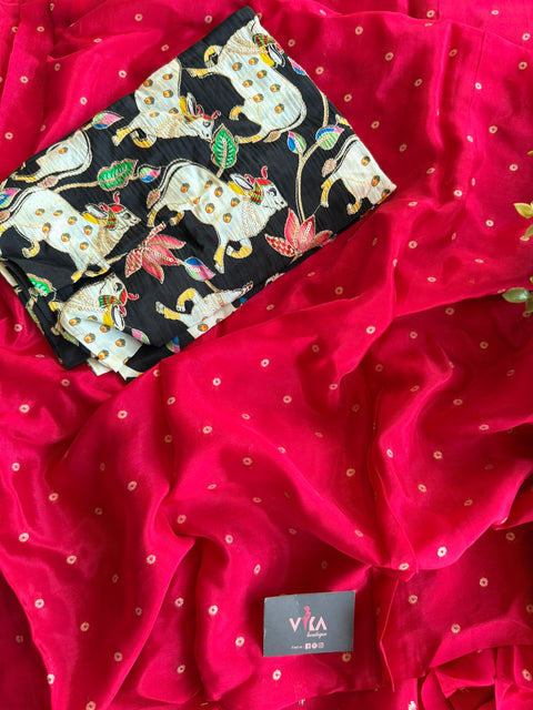 Pichwai blouse with satin crepe saree-Ruby