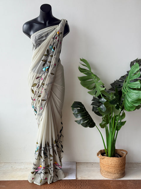 Light grey bird emb georgette saree