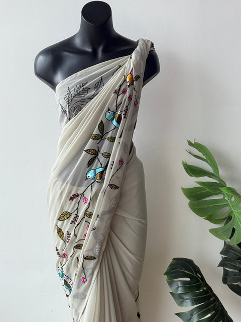 Light grey bird emb georgette saree